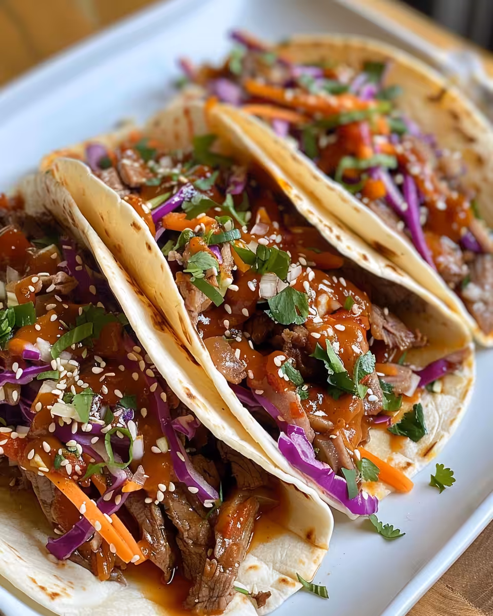 Ingredients laid out for Korean beef tacos including gochujang, soy sauce, and chuck roast