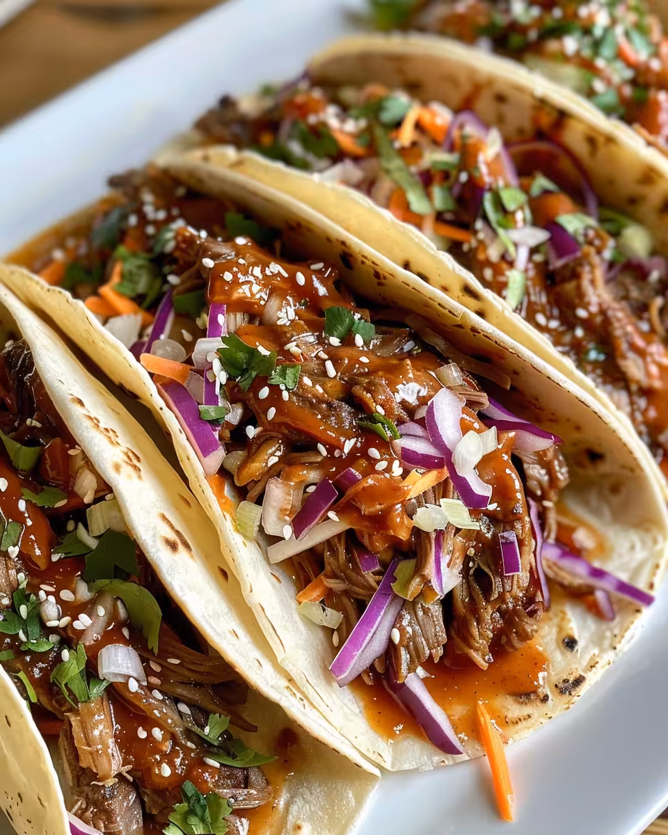 Final plated Korean beef tacos on corn tortillas garnished with fresh herbs and cabbage