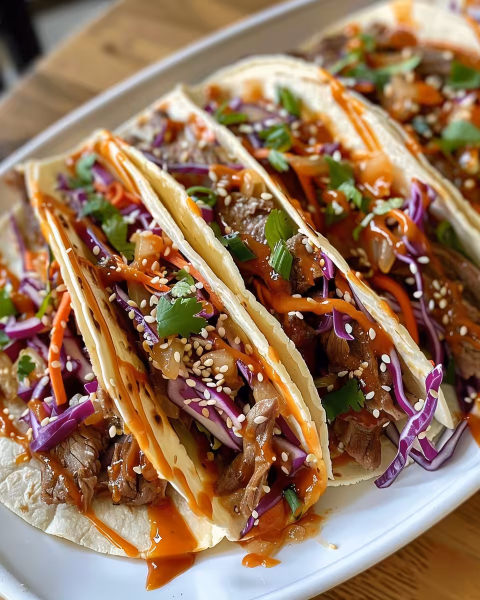 Slow cooker with Korean beef tacos simmering inside