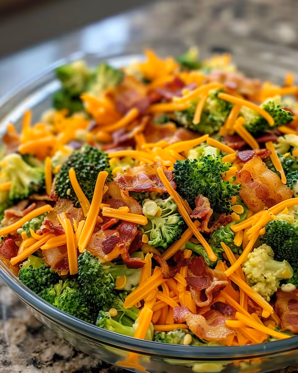 Broccoli salad ingredients tossed and mixed with mayo dressing