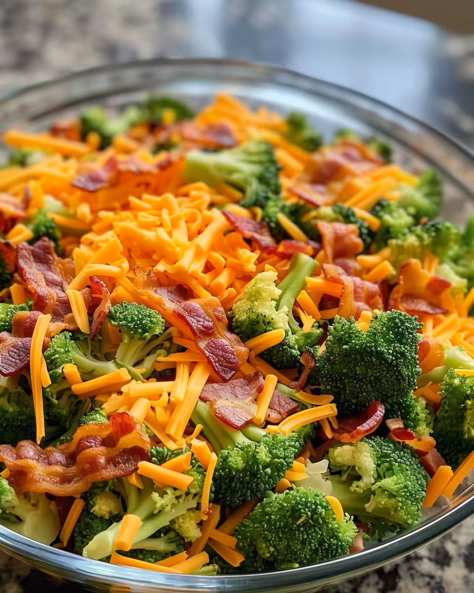 Final plated broccoli salad with crispy chicken and mac and cheese