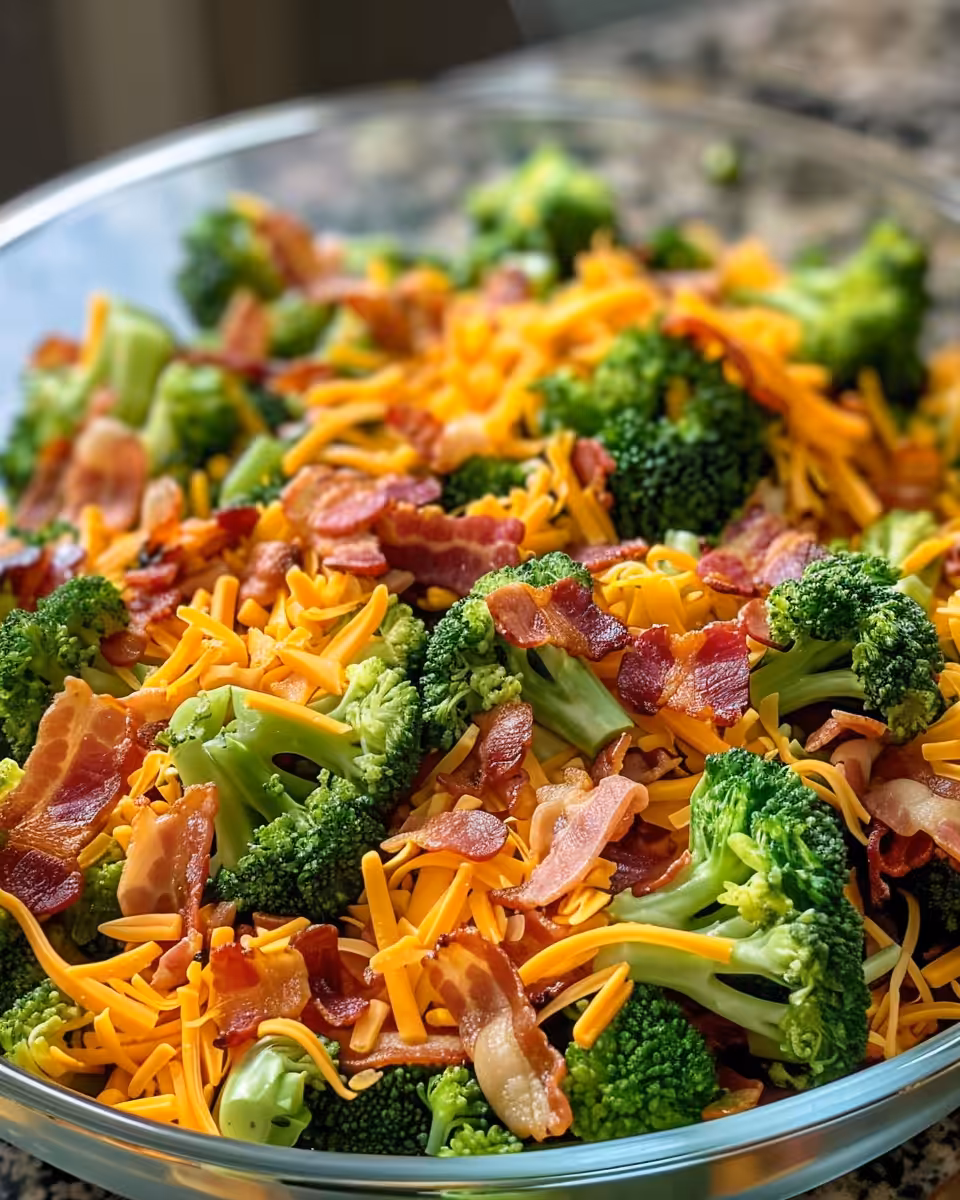Broccoli salad with bacon and cheddar at the start of the recipe