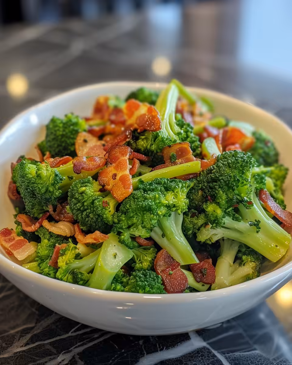 Finished crunchy broccoli salad served and ready to eat
