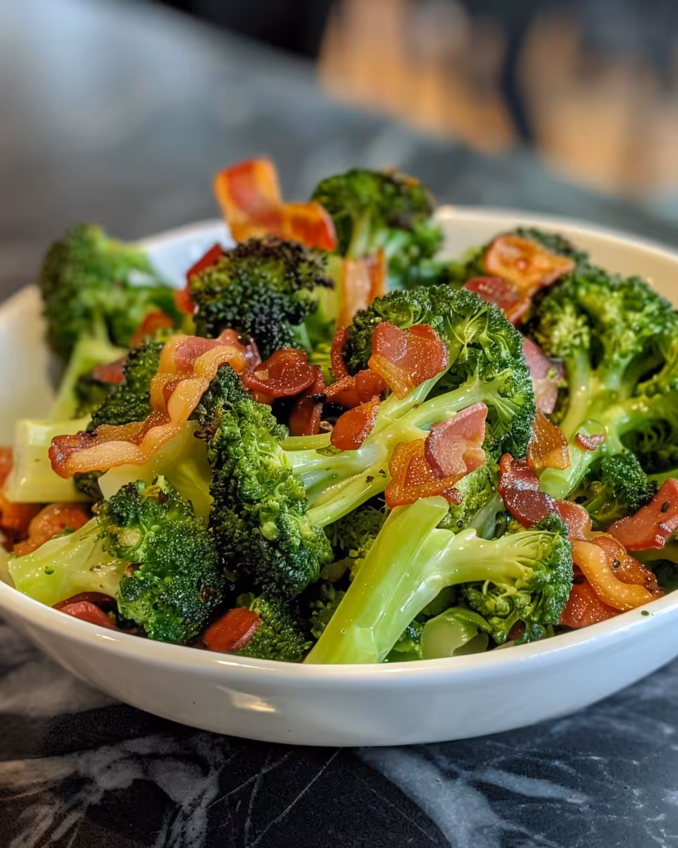 Crunchy broccoli salad with bacon fresh and ready in bowl