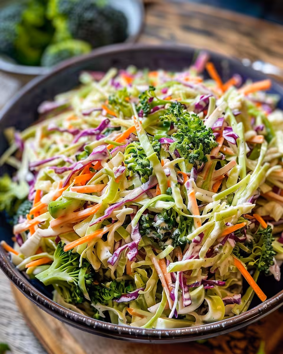 Ingredients for broccoli slaw laid out including almonds, sunflower seeds, green onions