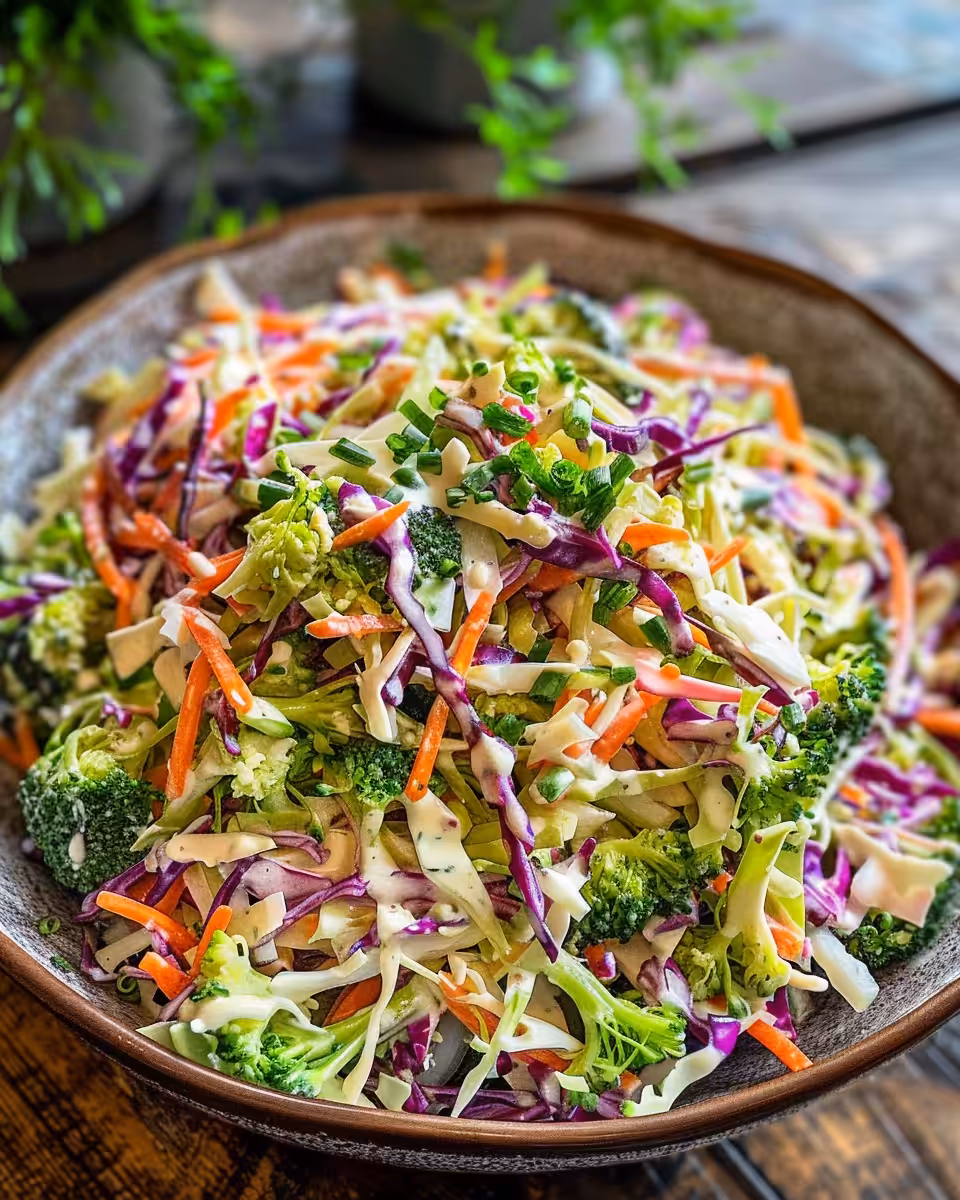 Final bowl of crunchy broccoli slaw with creamy dressing ready to serve