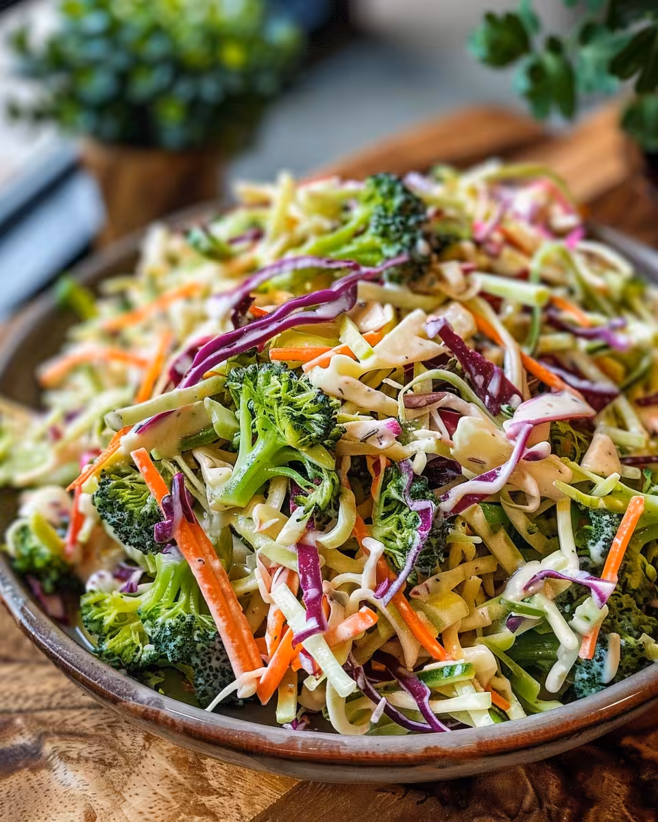Crunchy broccoli slaw mix with creamy coleslaw dressing ready to toss
