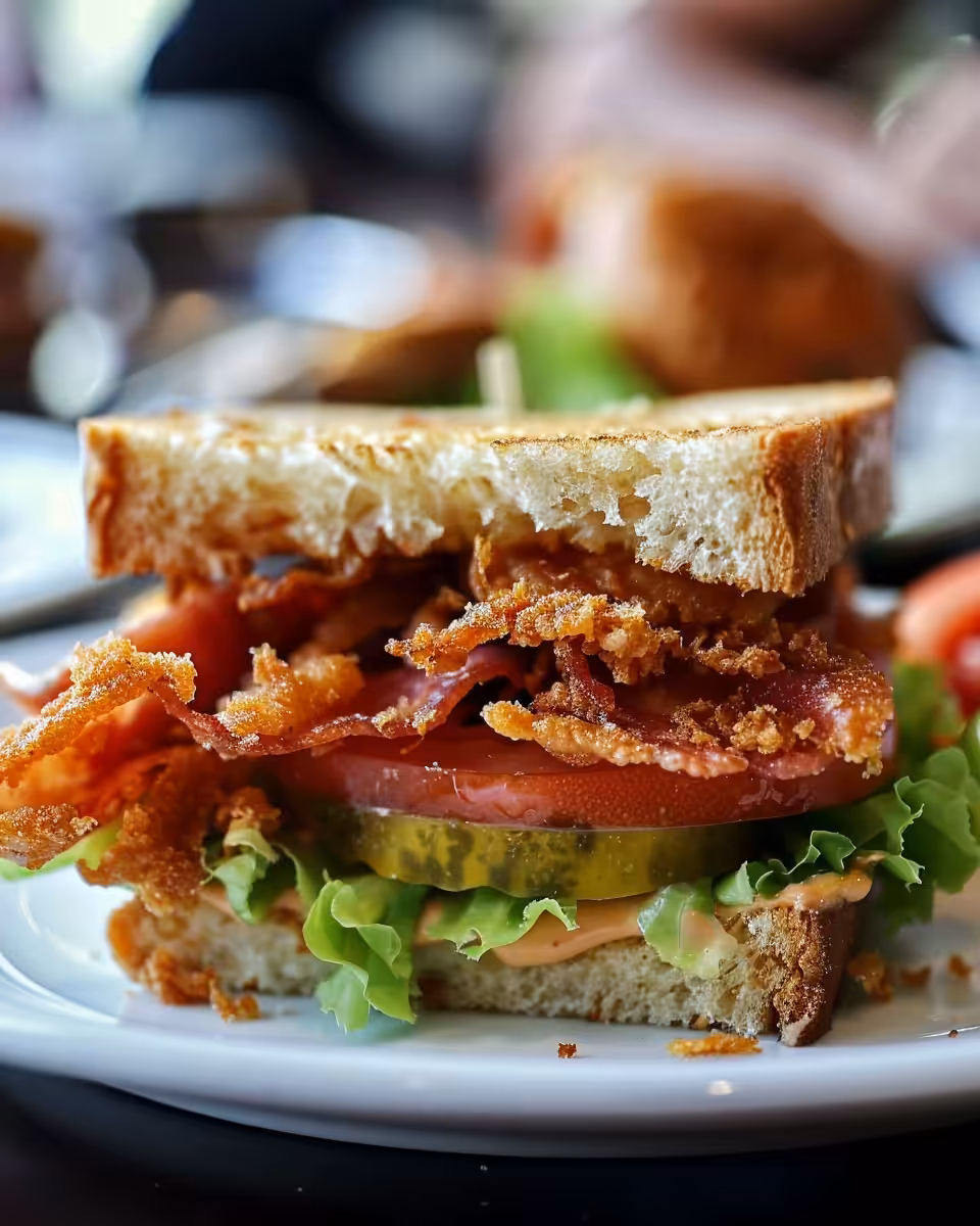 Final plated fried green tomato BLT sandwich ready to serve