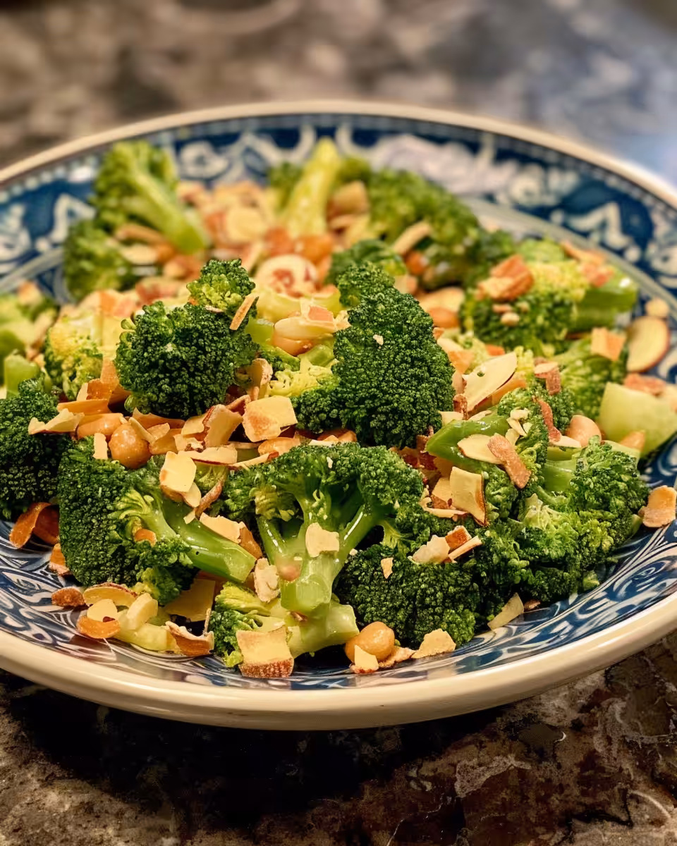 Ingredients including broccoli florets, cheddar cheese, red onion, seeds, raisins, and dressing