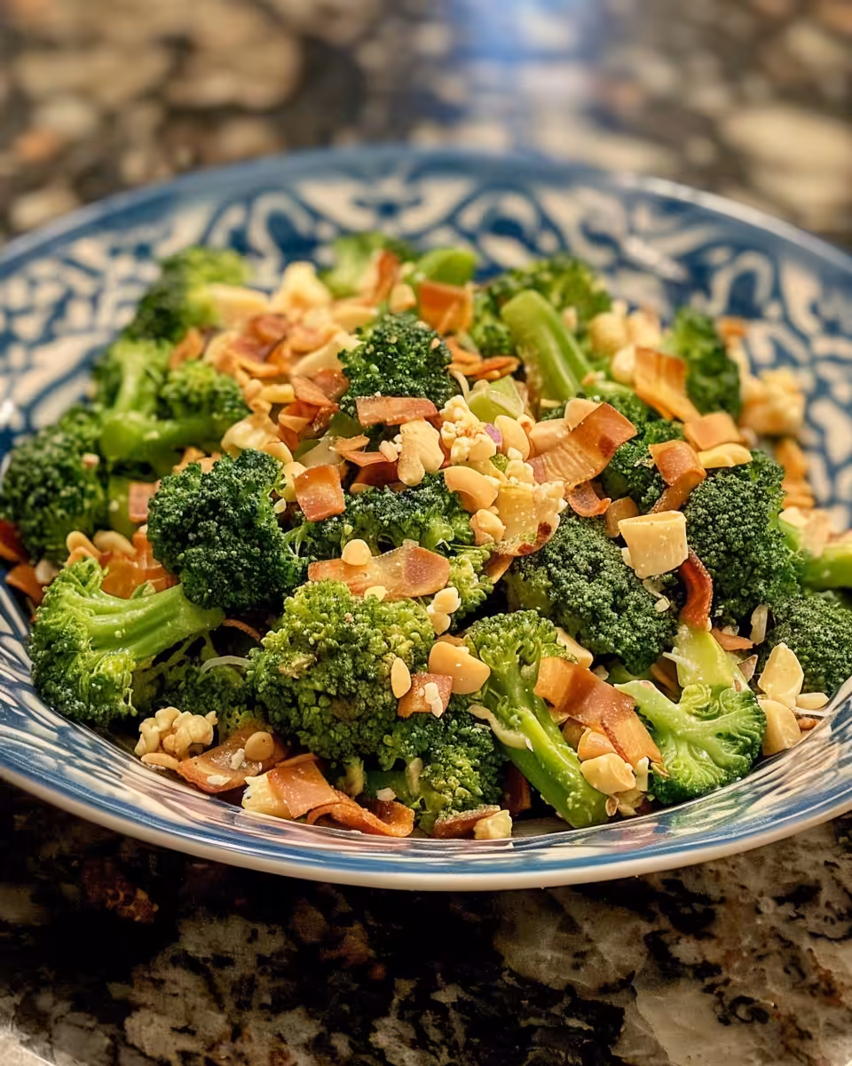Finished pressure cooker broccoli salad in serving bowl with creamy tangy dressing
