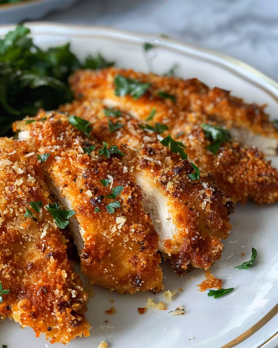 Ingredients and breading station setup for crusted chicken with Romano and Parmesan cheeses