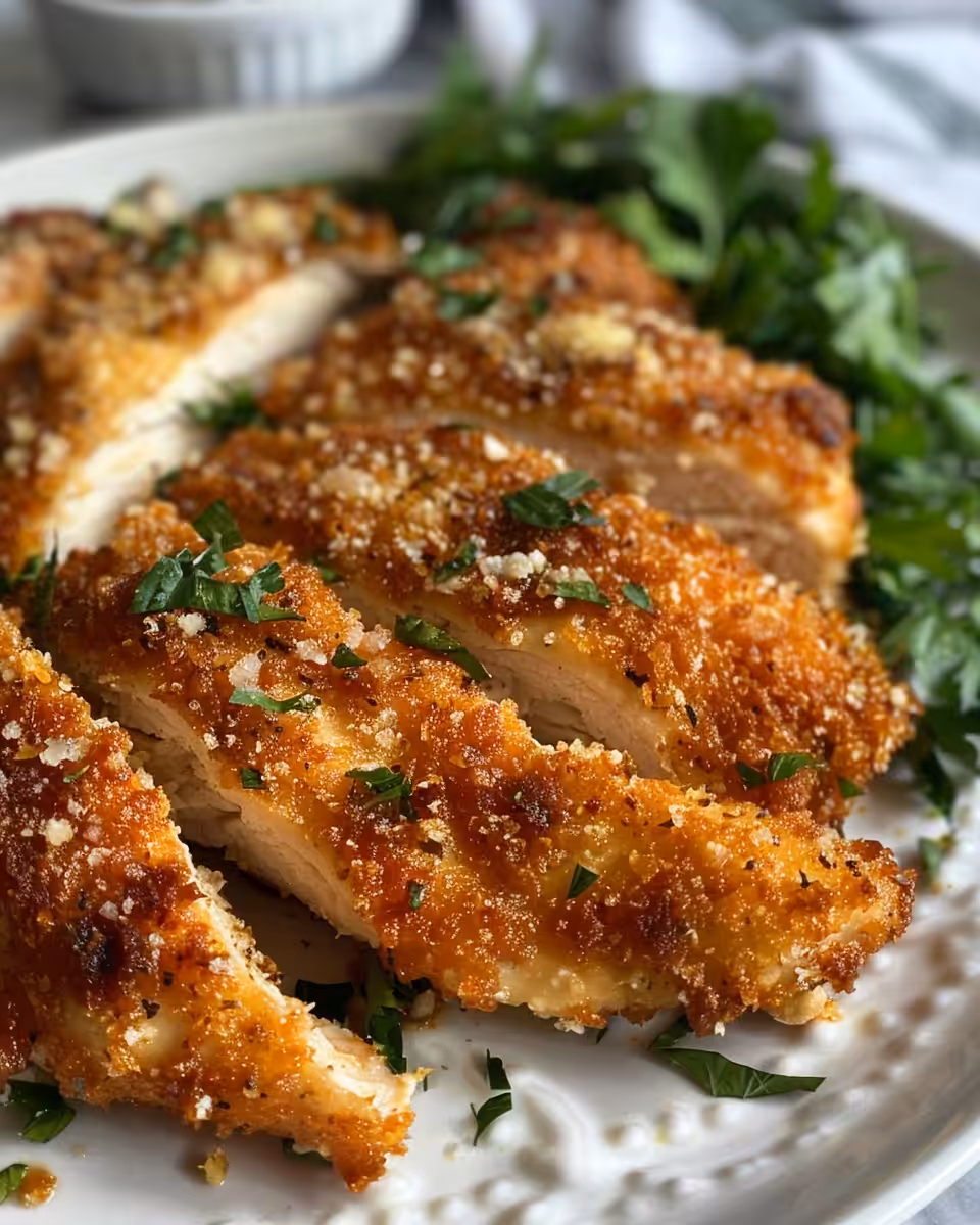 Final plated crusted chicken with golden crust and melted cheese ready to serve
