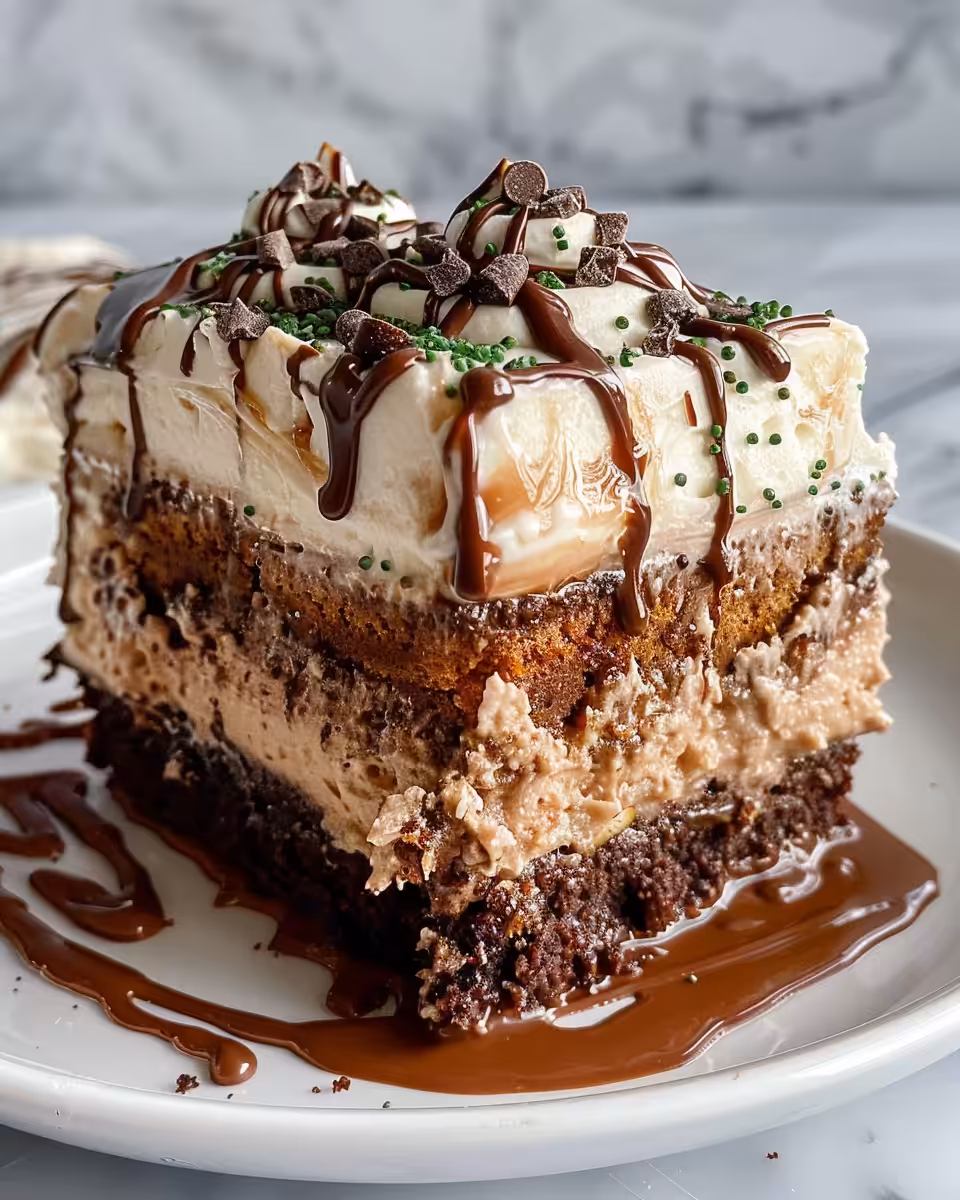 Final plated Irish Cream Chocolate Poke Cake slice ready to enjoy