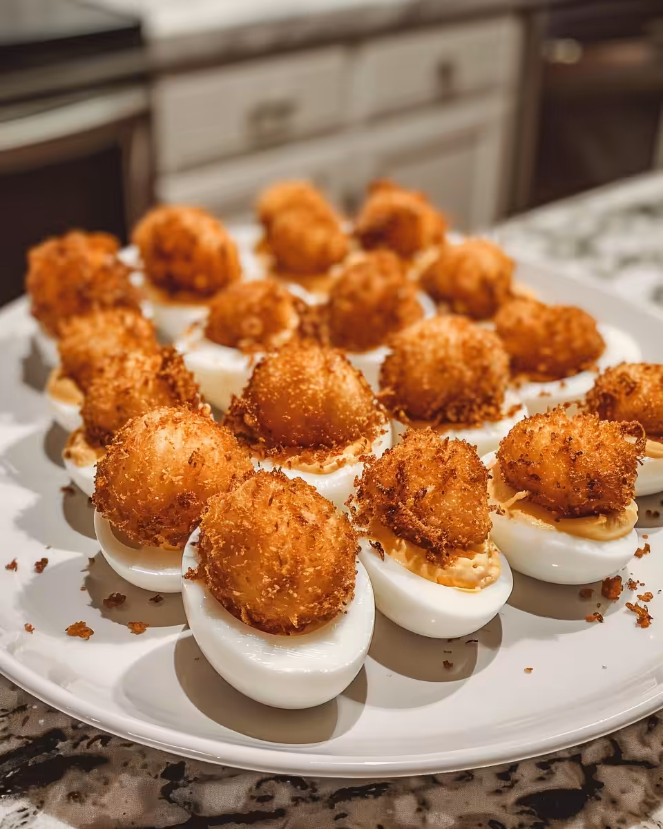 Ingredients including eggs, mayonnaise, Dijon mustard, salt, pepper, breadcrumbs, and vegetable oil