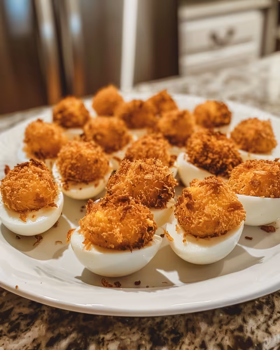 Golden deep fried deviled eggs served for eating