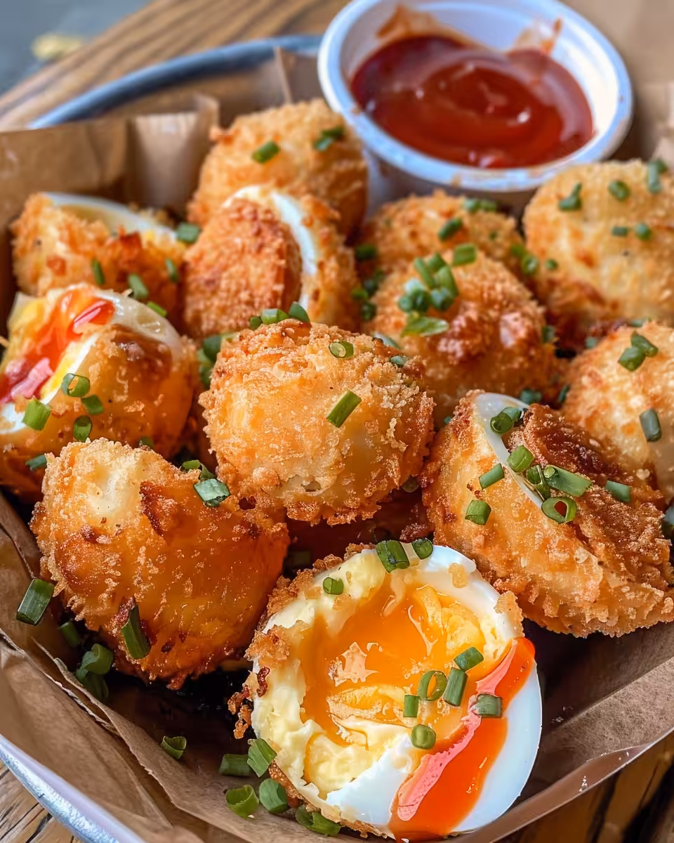 Step by step ingredients for deep fried deviled eggs including yolk mix and breadcrumbs