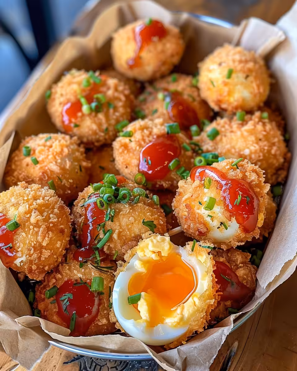 Final deep fried deviled eggs ready to enjoy with crunchy golden crust and creamy yolk filling