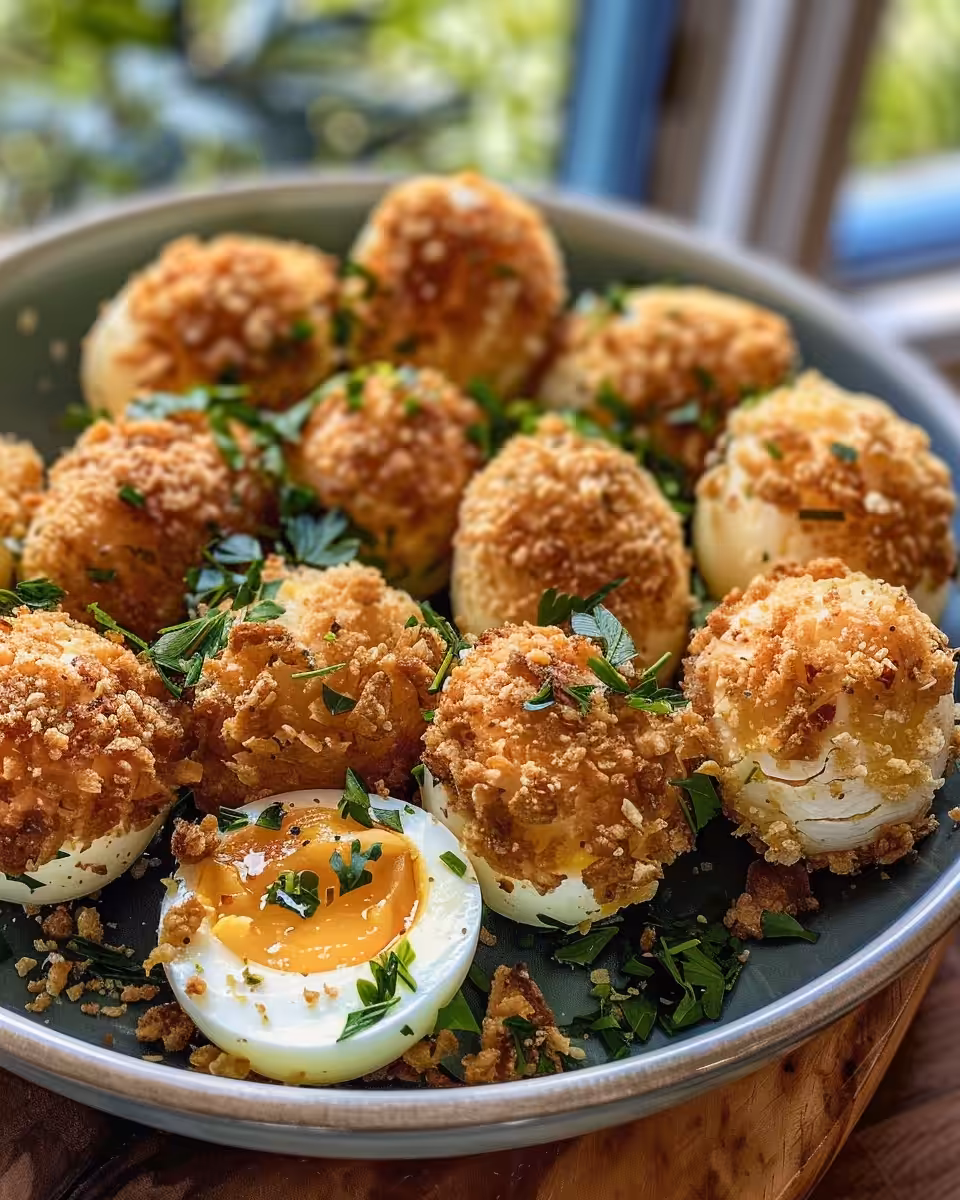Ingredients including eggs, flour, and panko breadcrumbs ready for deviled eggs preparation