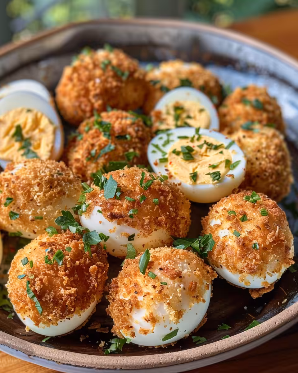 Final step frying deviled eggs to golden crisp perfection in hot vegetable oil
