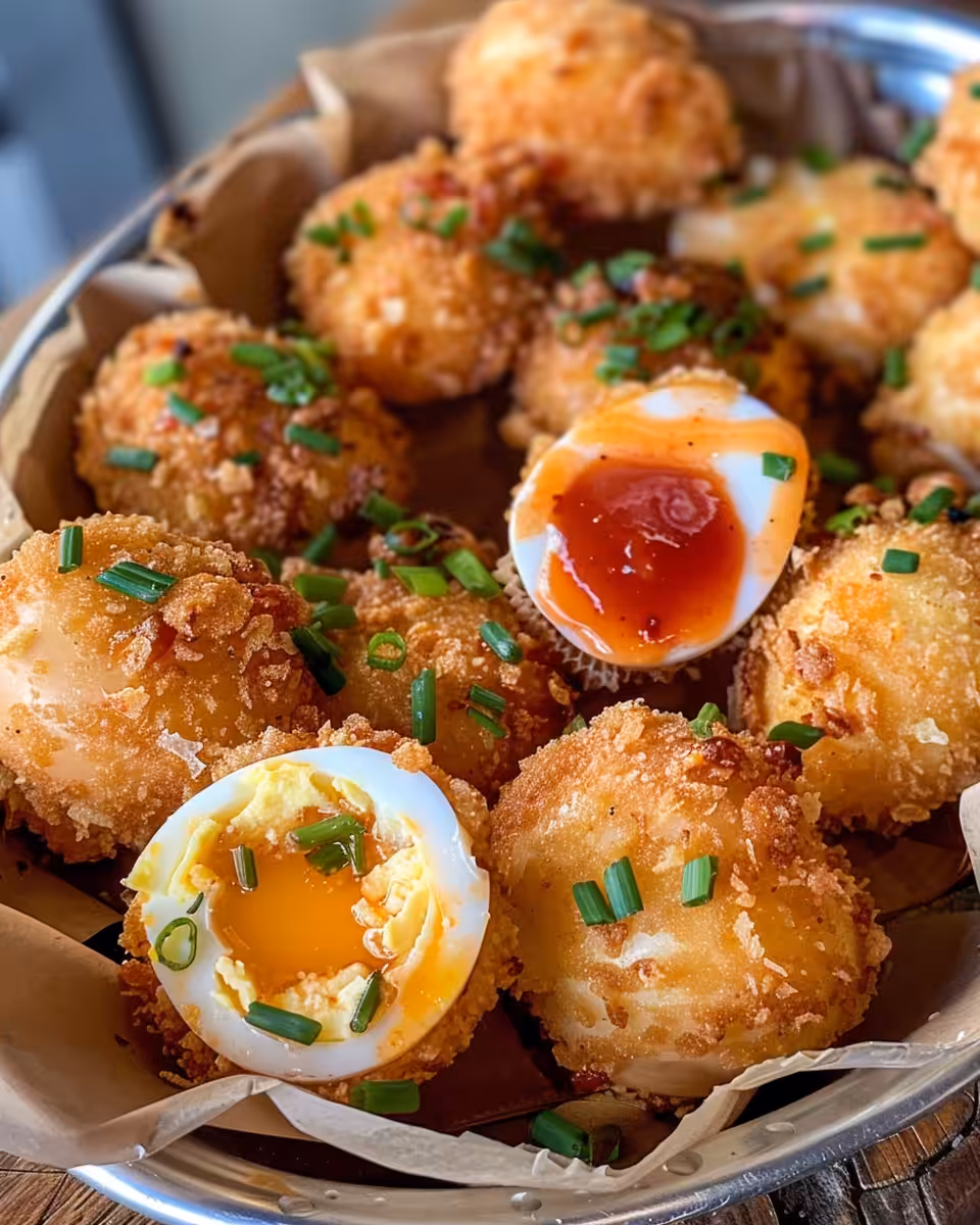 Deep fried deviled eggs golden and crispy fresh from the fryer