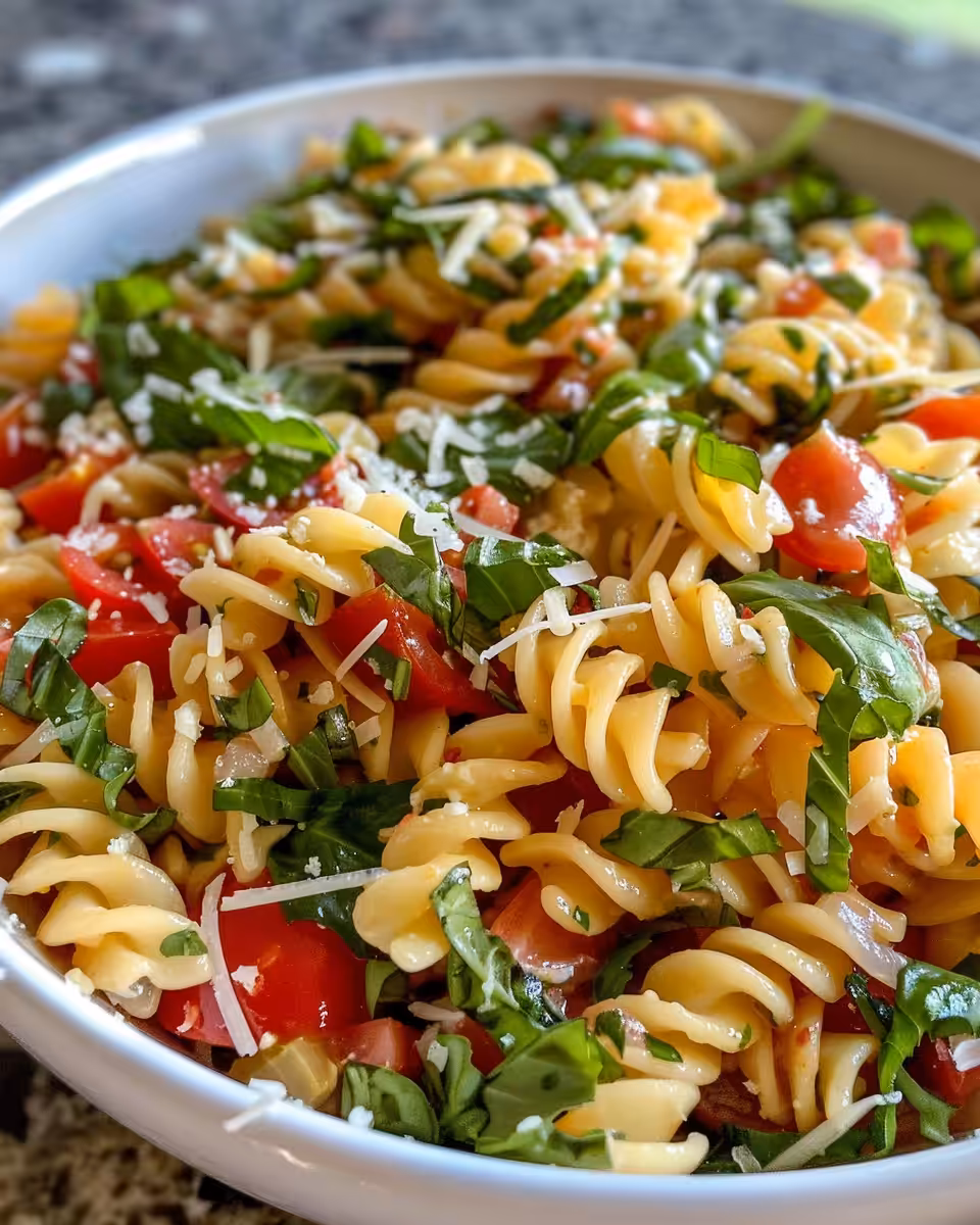 Fresh chopped ingredients for bruschetta pasta salad including tomatoes, onion, garlic, and basil