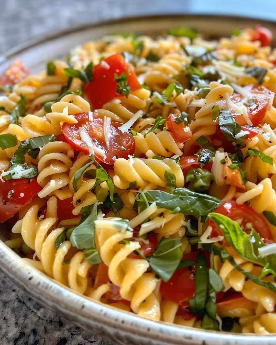 Final plated bruschetta pasta salad ready to serve chilled