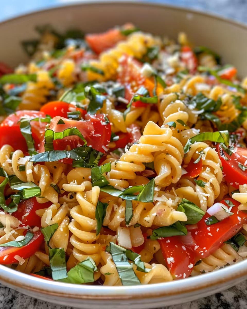 Freshly made delicious bruschetta pasta salad in a bowl