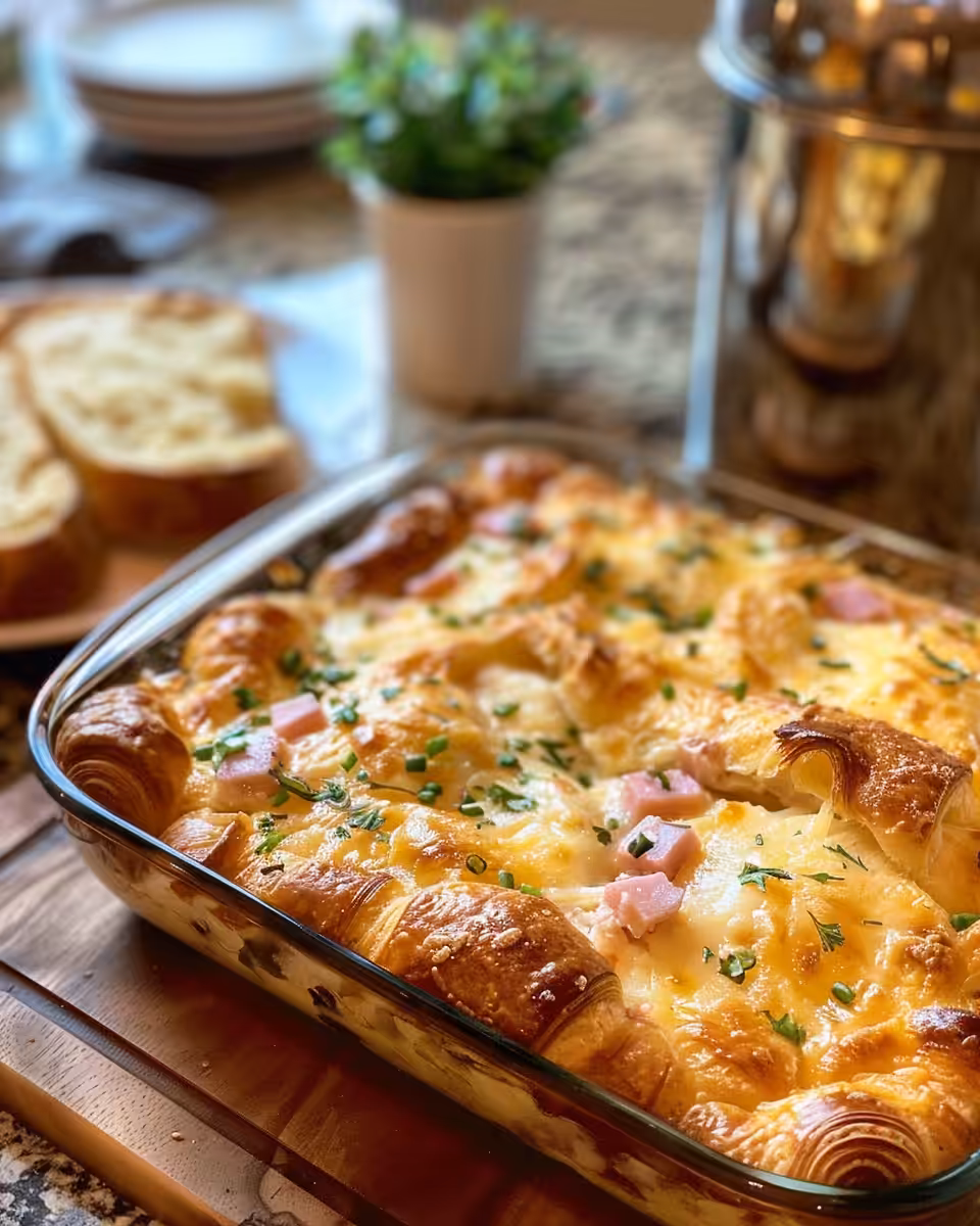Ingredients for ham and cheese croissant bake including ham, cheese, butter, and herbs