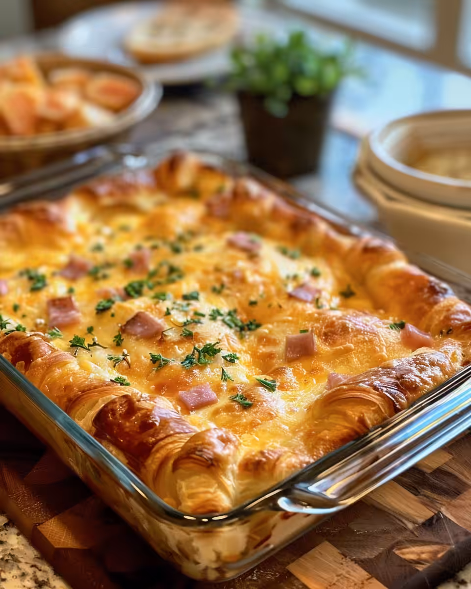 Pouring creamy custard egg mixture over ham and cheese croissant bake