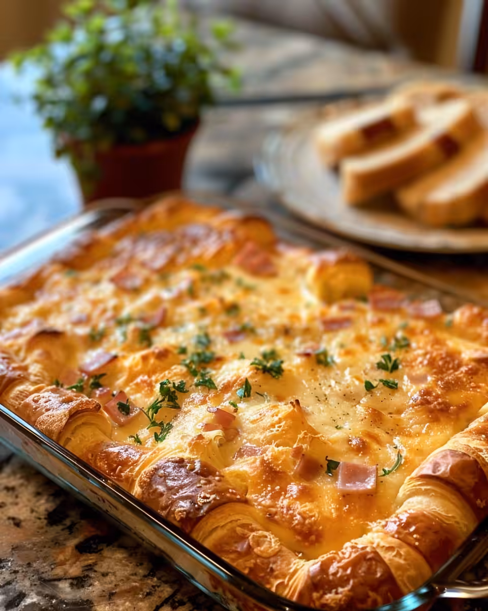 Buttery croissants soaking in cheesy ham custard