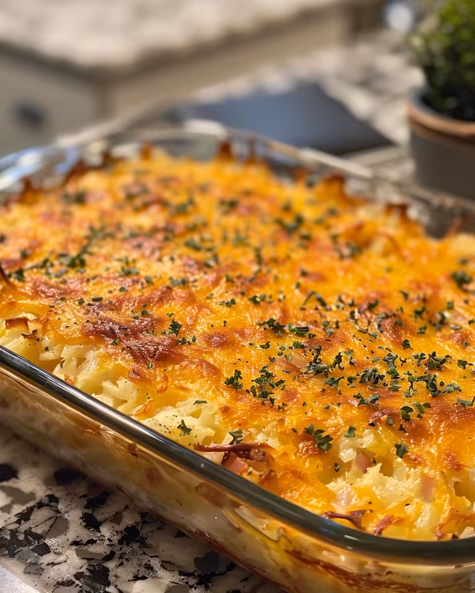 Golden crust and cheesy inside of finished ham and cheese hash brown casserole