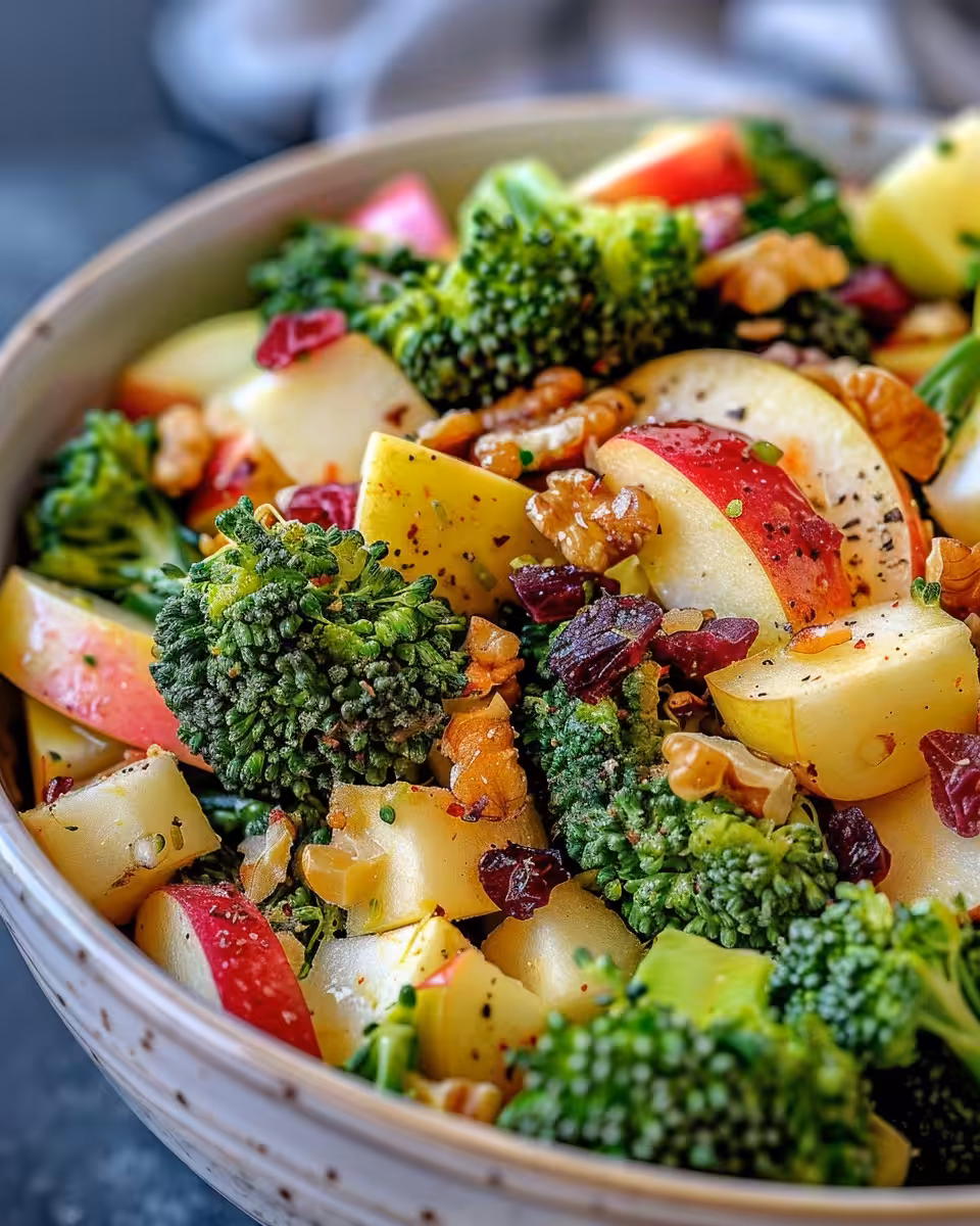 Ingredients combined in bowl for honeycrisp apple broccoli salad