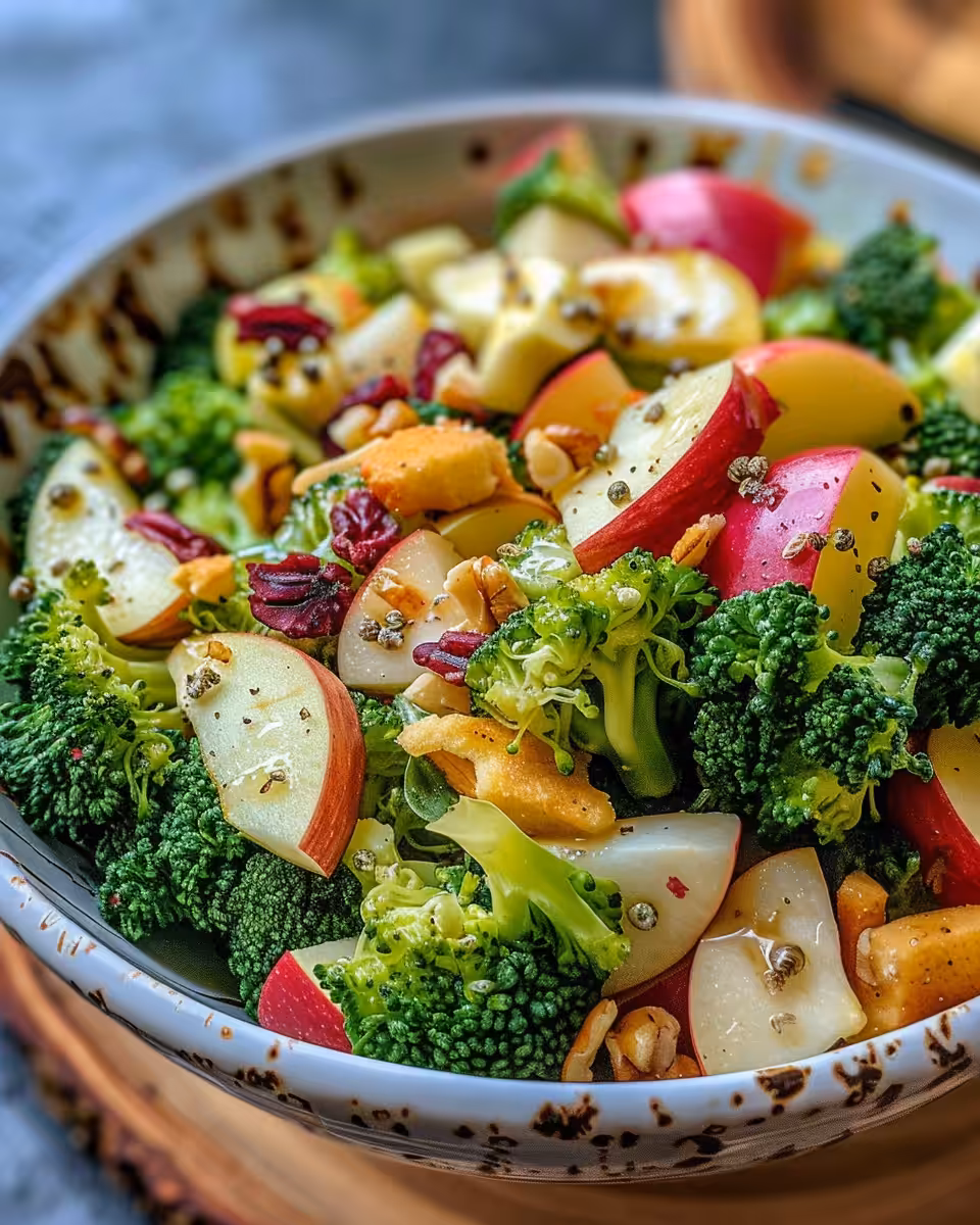 Final plated honeycrisp apple broccoli salad served fresh
