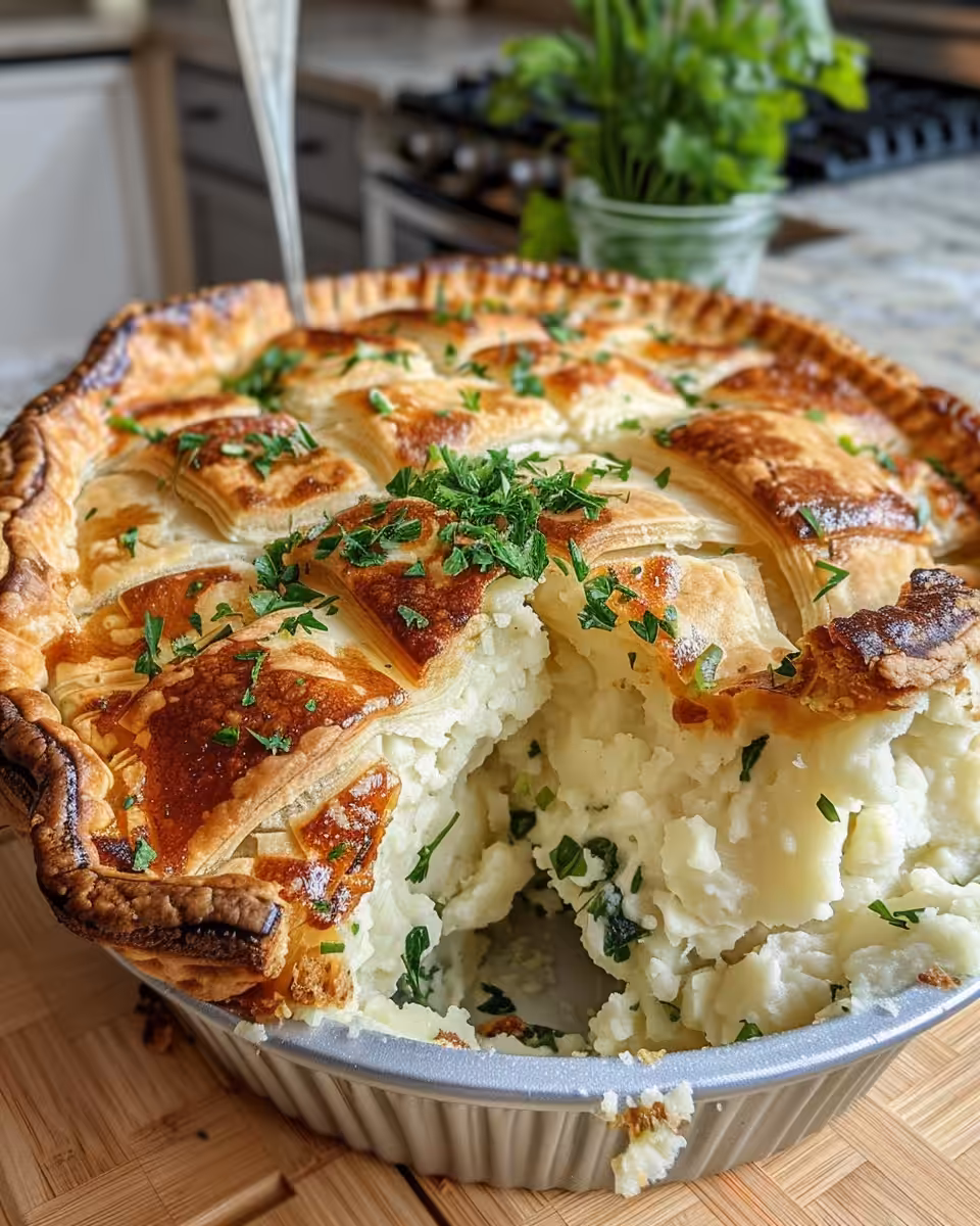 Slice of Irish potato pie showing flaky layers and golden puff pastry crust