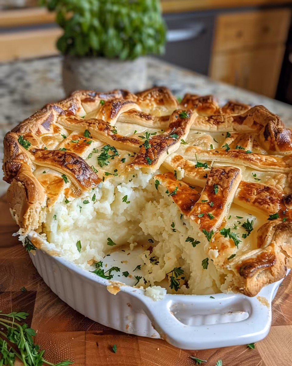 Golden brown puff pastry topped Irish potato pie fresh from pressure cooker