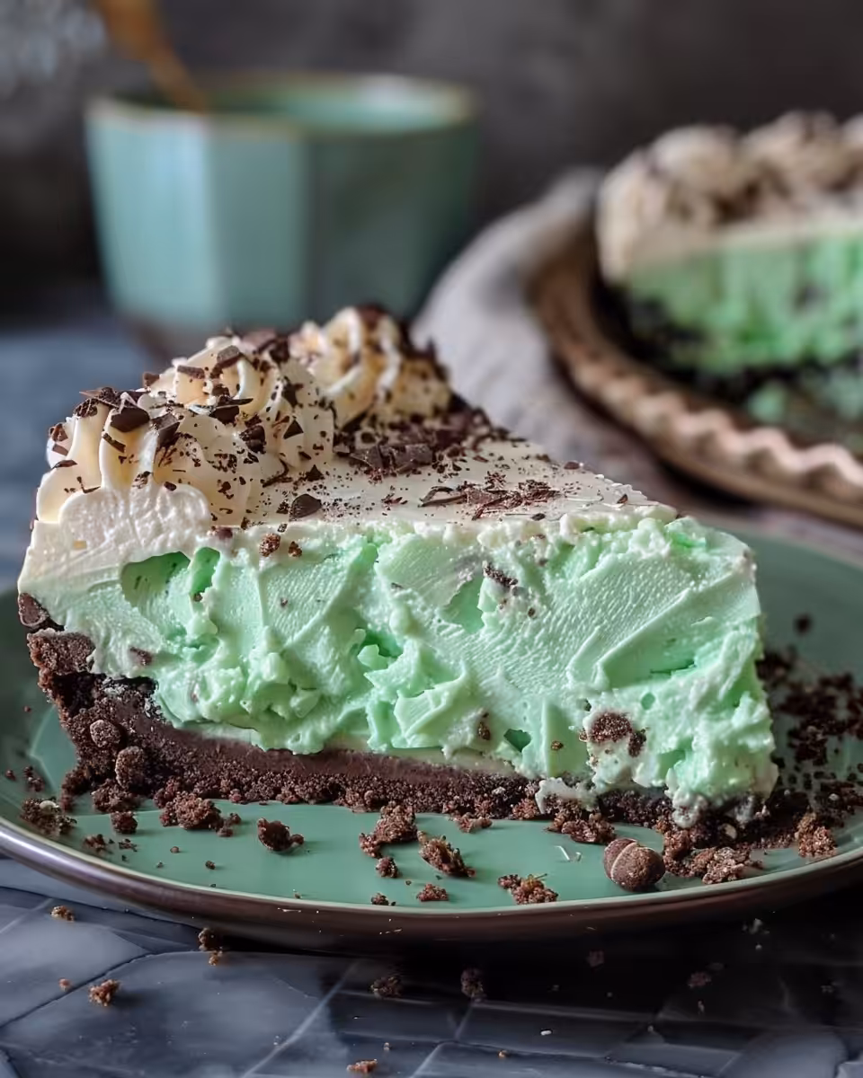 Creamy grasshopper pie slice with chocolate shavings and marshmallows on top