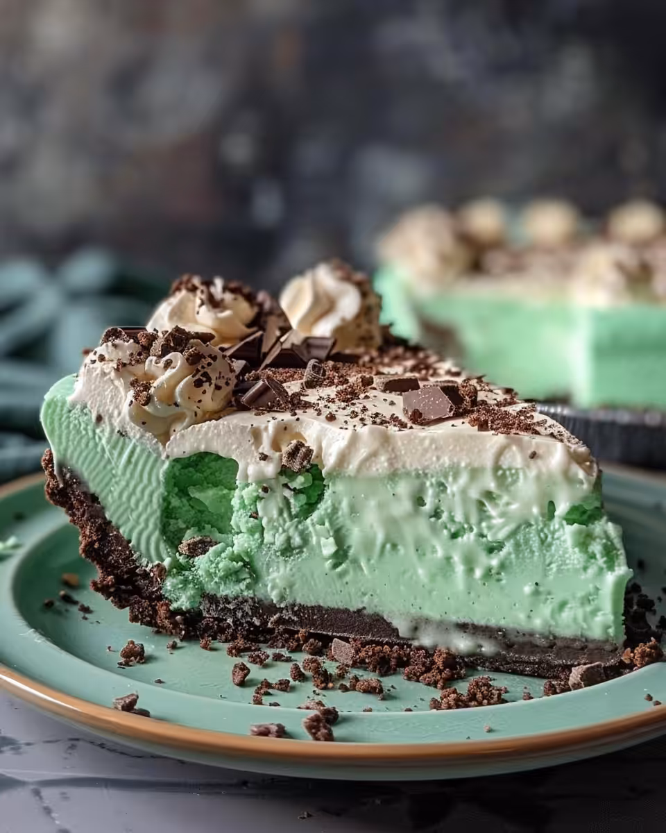 Creamy green grasshopper pie with mint and chocolate crust fresh and ready