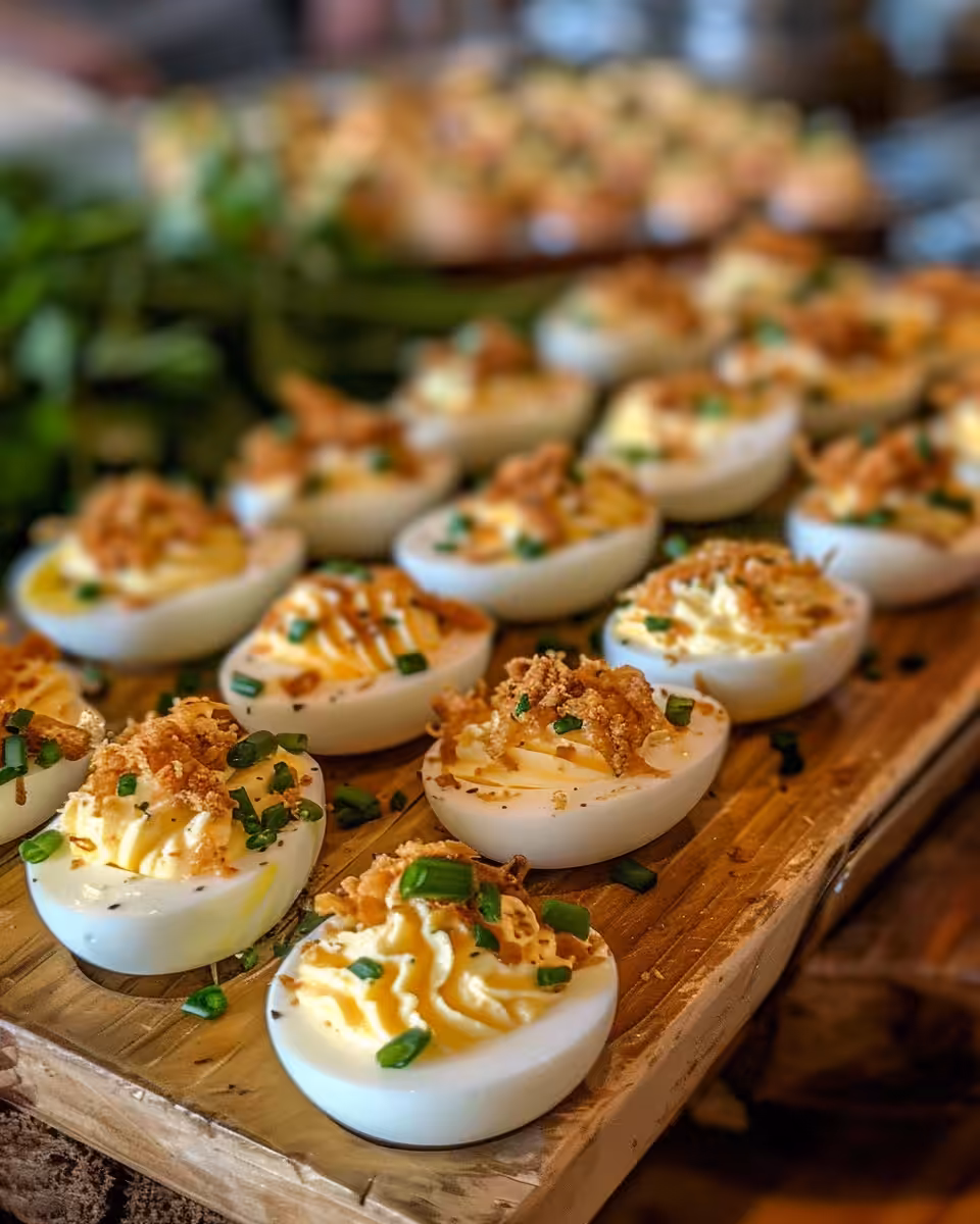 Serving presentation of deviled eggs with paprika and chives