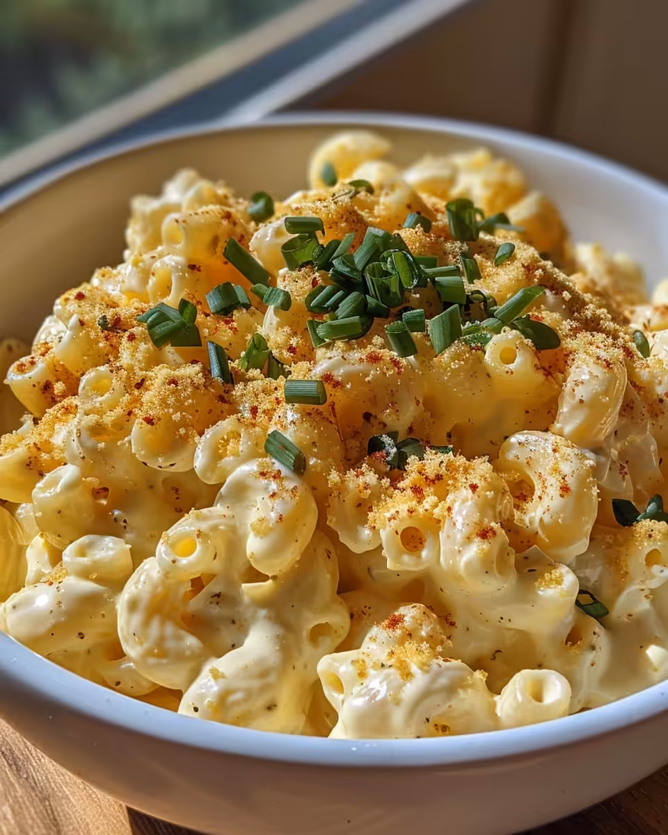 Ingredients of Deviled Egg Macaroni Salad mixed in a bowl
