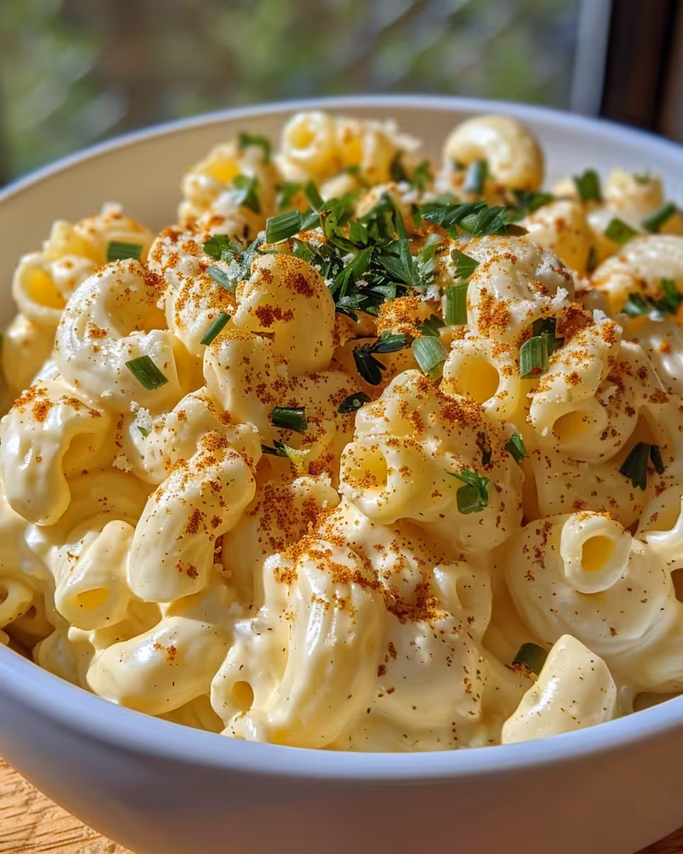 Served Deviled Egg Macaroni Salad plated and ready to enjoy
