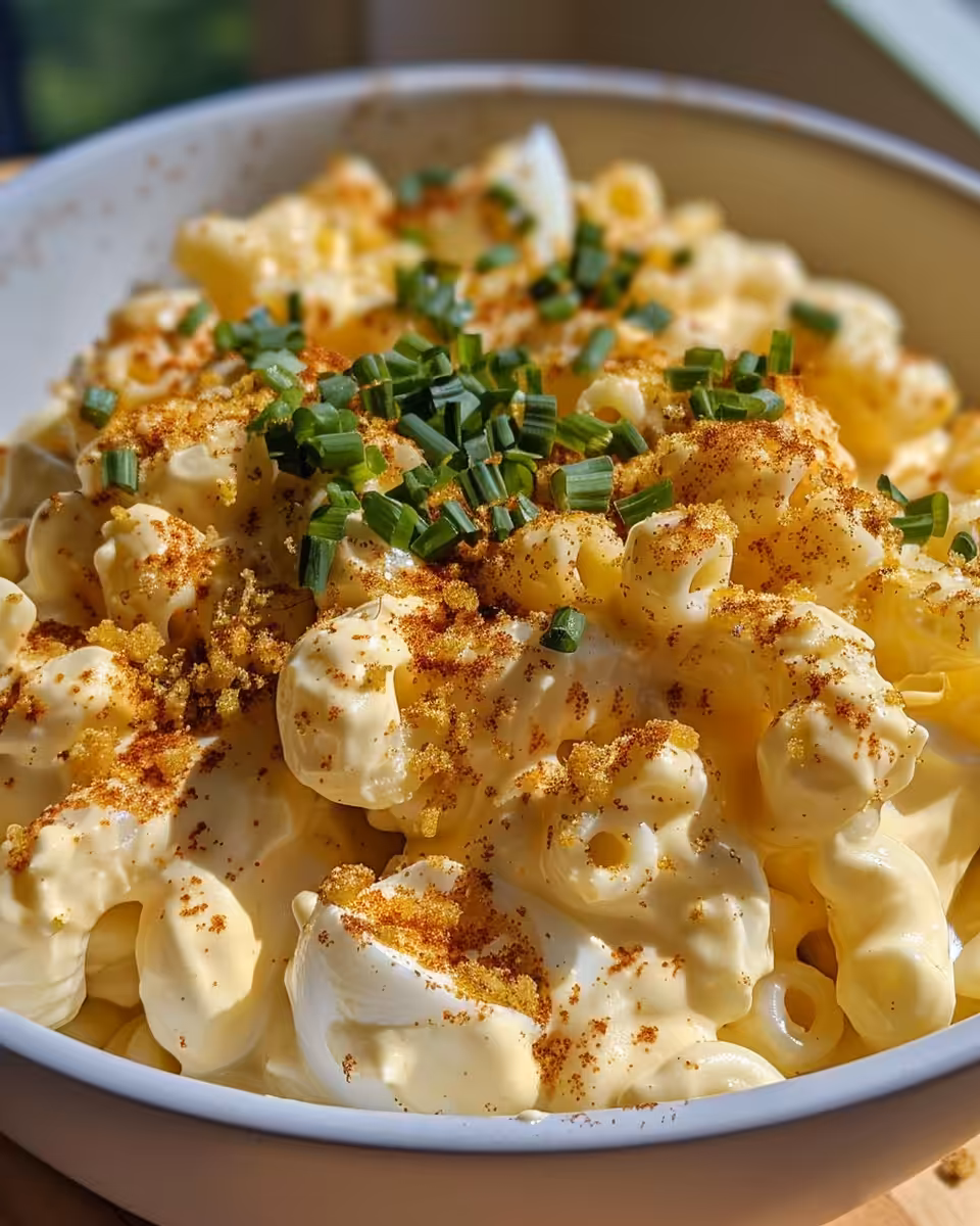 Deviled Egg Macaroni Salad fresh from pressure cooker topped with paprika