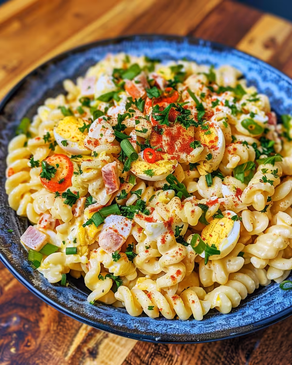 Ingredients for deviled egg pasta salad including macaroni, eggs, mayo and seasoning