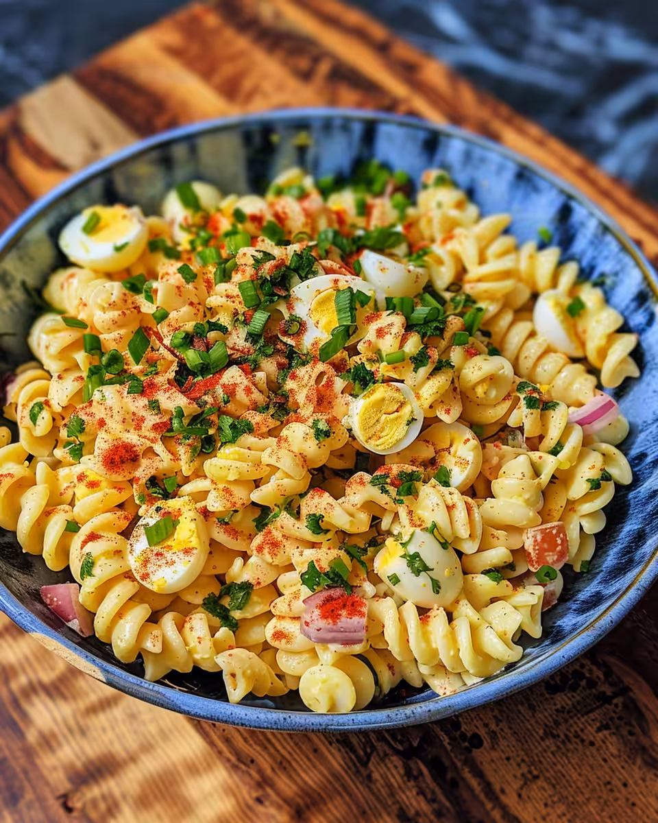 Freshly chilled deviled egg pasta salad served with green onion garnish