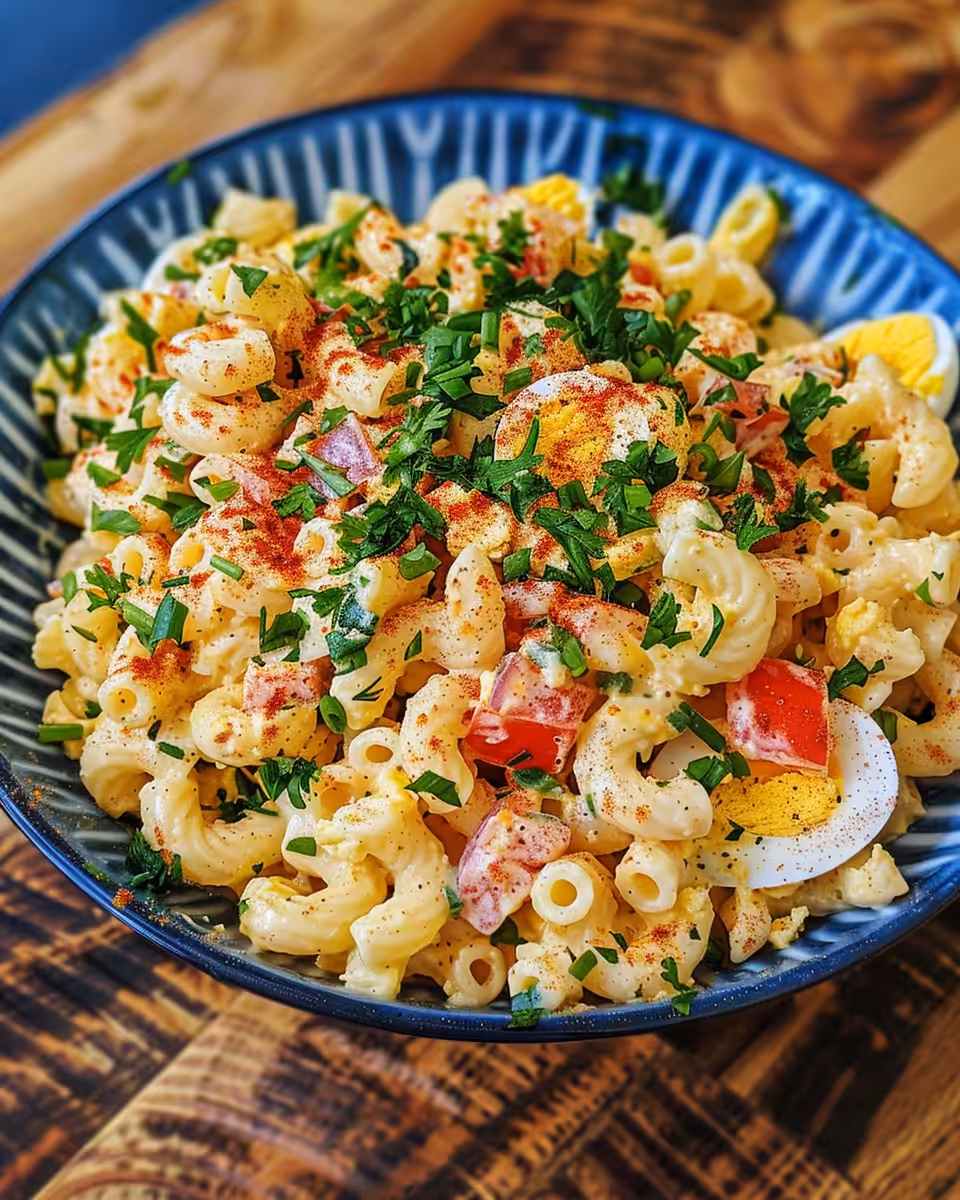 Creamy deviled egg pasta salad ready to serve