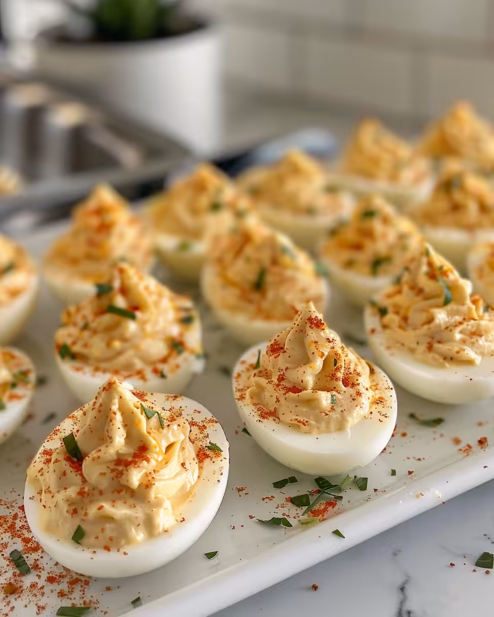 Finished deviled eggs garnished and ready to serve