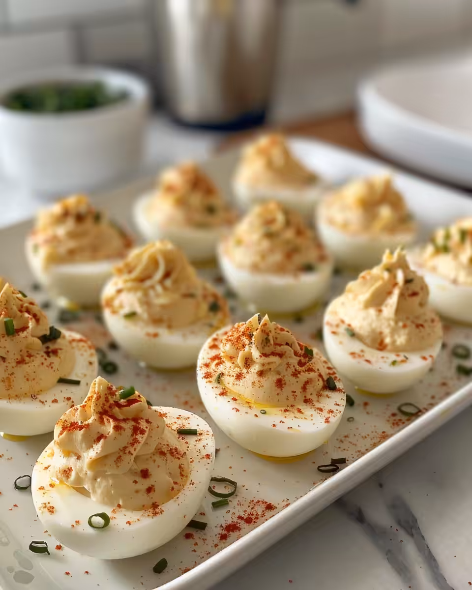 Freshly cooked pressure cooker deviled eggs with Dirty Martini and Buffalo fillings