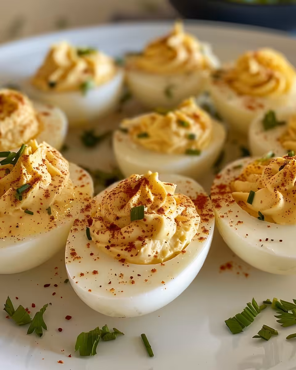 Served deviled eggs with paprika garnish on top