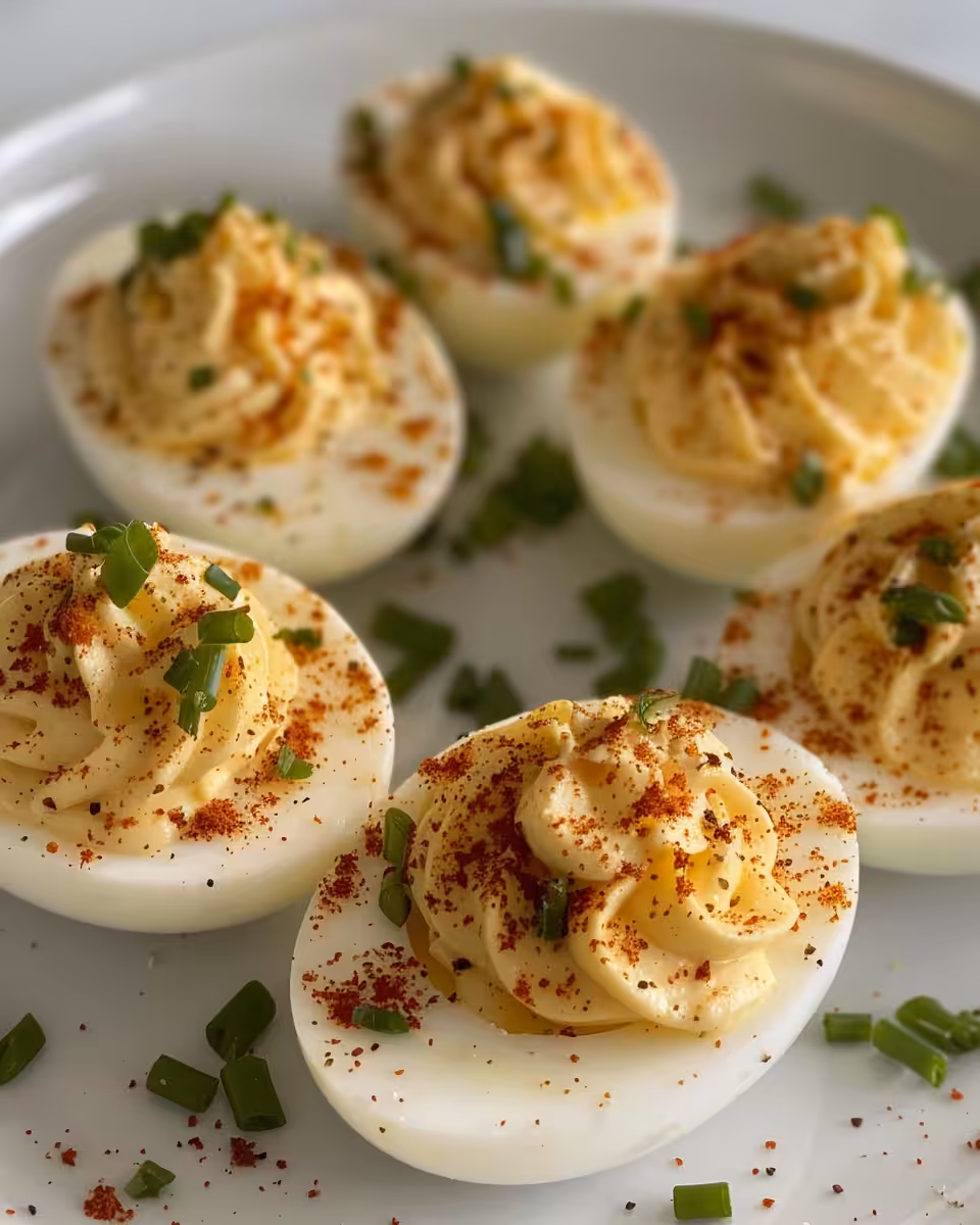 Final plated deviled eggs sprinkled with paprika and chives