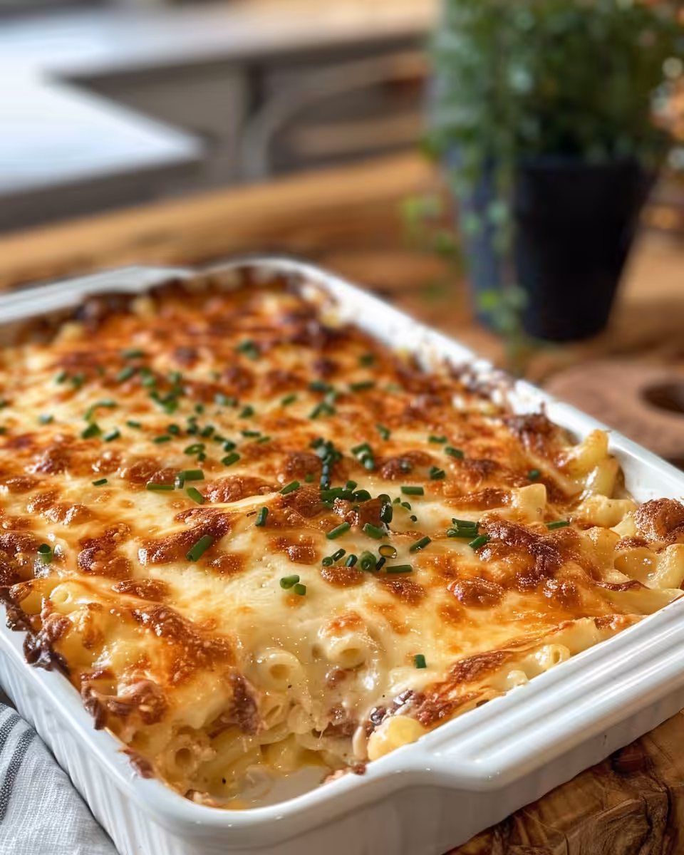 Baked creamy chicken casserole with golden crunchy topping served