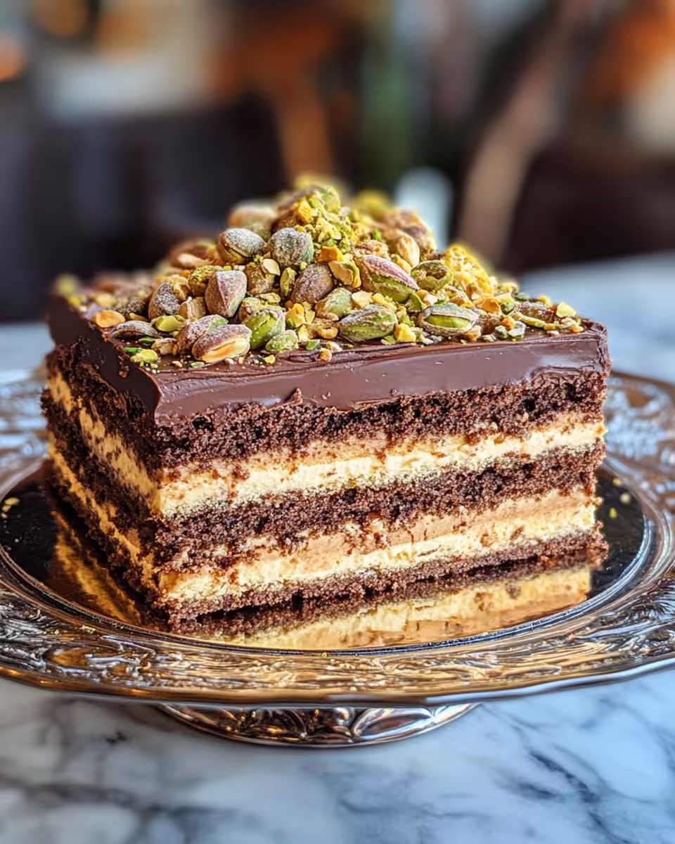 Finished chocolate pistachio cake on a serving plate